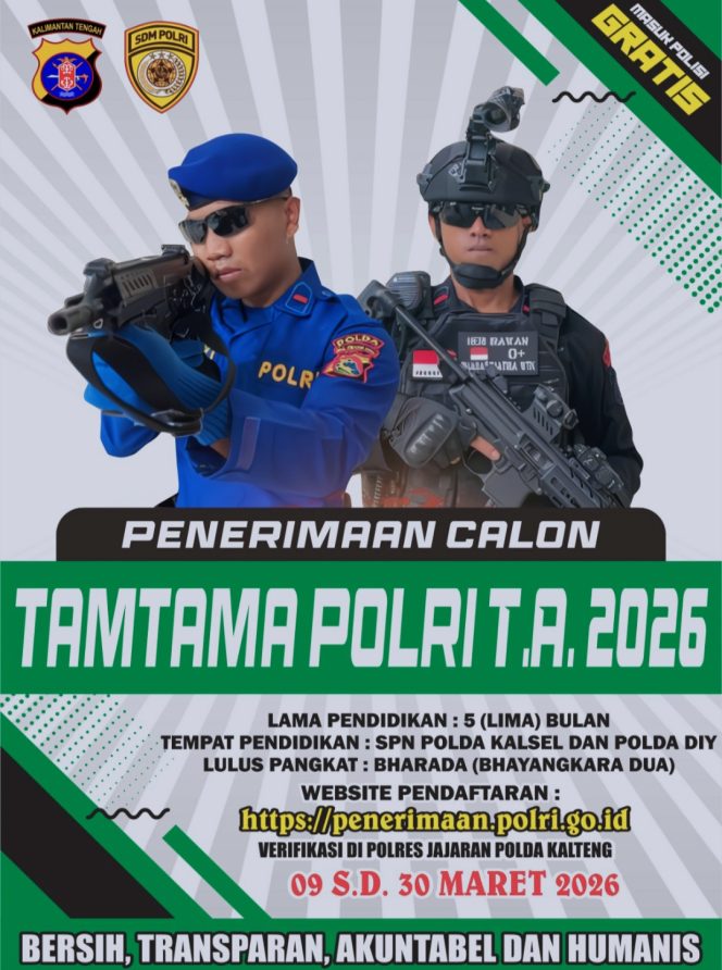 
					Polda Kalteng Buka Pendaftaran Rekruitmen Polri Tahun 2026 Jalur Akpol, Bintara dan Tamtama Gratis