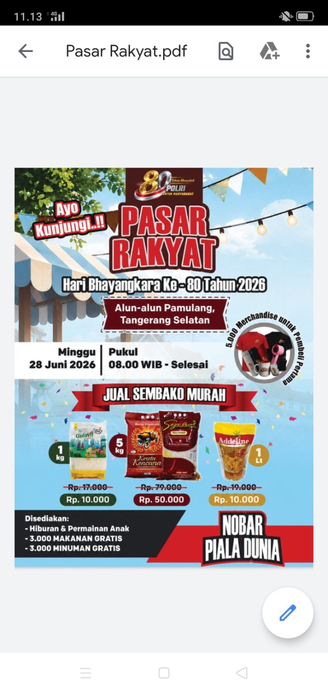 
					Polri Gelar Pasar Rakyat dan Nobar Piala Dunia di Alun-Alun Pamulang, Warga Diajak Meriahkan Hari Bhayangkara ke-80